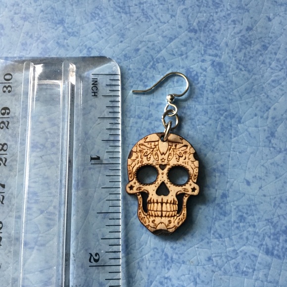 Wooden Sugar Skull Earrings Day of Dead - Picture 2 of 5